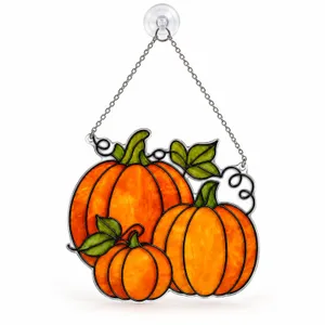 Autumn Pumpkin Trio Stained Glass Suncatcher For Fall Harvest Home Window Decor Gift Custom Shape Window Hanging Acrylic Ornament
