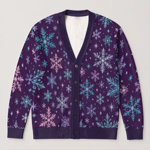 Teal And Lilac Snowflakes On Deep Purple For Cozy Winter Layering Every Day All-over Print Knitted Cardigan