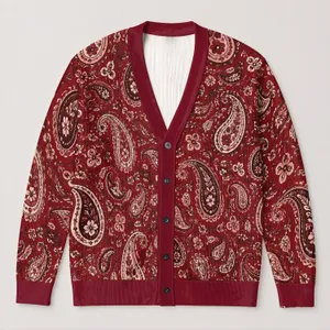 Burgundy Paisley Teardrops and Floral Scrolls for Autumn Layering, Women's Vintage Style All-over Print Knitted Cardigan