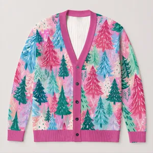 Pastel Christmas Tree Forest for Cozy Holiday Outings and Winter Layering for Women All-over Print Knitted Cardigan