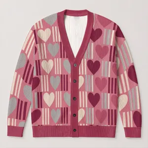 Heart Stripe Motif For Casual Spring Layering, Romantic Everyday Style For Women All-over Print Knitted Cardigan