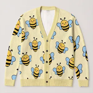 Kawaii Bee Motifs for Cheerful Spring Layering and Everyday Casual Style for Women All-over Print Knitted Cardigan