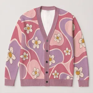 Daisy Floral Waves for Relaxed Everyday Layering, Office Commutes, and Travel Wear All-over Print Knitted Cardigan