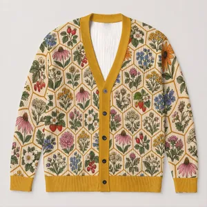 Botanical Honeycomb Flowers And Berries For Relaxed Everyday Layering In Women’s Style All-over Print Knitted Cardigan