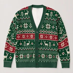 Forest Green Nordic Fair Isle Holiday Layering Style for Cozy Everyday Outfits Women All-over Print Knitted Cardigan