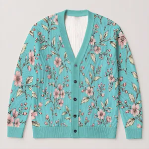 Turquoise Botanical Blossoms for Relaxed Autumn Layering and Everyday Feminine Style All-over Print Knitted Cardigan