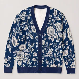 Vintage Navy Floral Motif for Relaxed Weekend Layering and Everyday Women’s Style All-over Print Knitted Cardigan