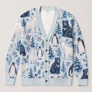 Polar Bear Penguin and Bear Arctic Scene for Cozy Winter Layering Women Plus Size Style All-over Print Knitted Cardigan