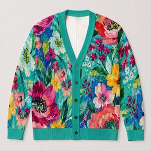Colorful Turquoise Floral Blooms for Creative Weekend Layering and Youthful Style All-over Print Knitted Cardigan