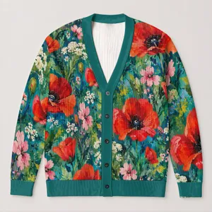Vibrant Red Poppy Meadow Floral Style For Everyday Layering And Youthful Wardrobes All-over Print Knitted Cardigan