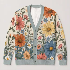 Colorful Daisy Meadow for Effortless Everyday Layering, Women’s Casual Spring Style All-over Print Knitted Cardigan
