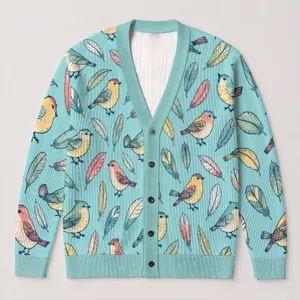 Colorful Songbirds And Feathers For Cozy Fall Layering, Everyday Style For Women All-over Print Knitted Cardigan