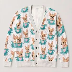 Heart Teacup Puppy, Turquoise Tea Lovers Gift for Cozy Spring and Autumn Everyday Style All-over Print Knitted Cardigan