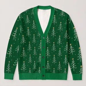 Emerald Christmas Trees and Gold Stars for Holiday Gatherings and Cozy Winter Layering All-over Print Knitted Cardigan