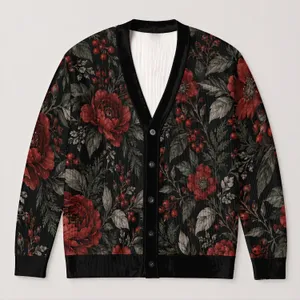 Crimson Winter Botanicals for Cozy Fall Evenings and Everyday Women's Layering Style All-over Print Knitted Cardigan