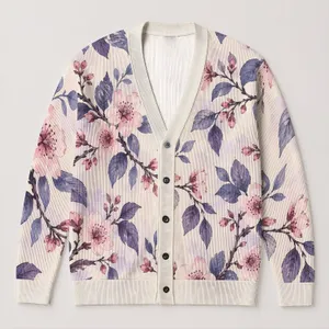 Cherry Blossom Branches for Everyday Layering and Spring Outings, Women’s Floral Style All-over Print Knitted Cardigan