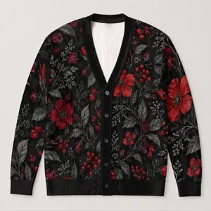 Red Floral Botanical Motifs for Elegant Evening Layering and Everyday Autumn Outfits All-over Print Knitted Cardigan