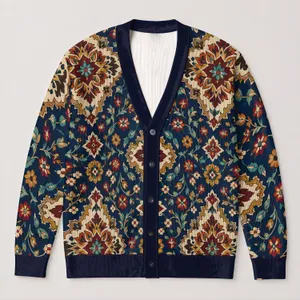 Bohemian Mosaic Floral Medallions for Cozy Winter Layering and Everyday Wear in Navy All-over Print Knitted Cardigan