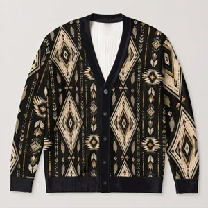 Black Beige Geometric Diamond Motifs For Autumn Layering And Everyday Boho Style All-over Print Knitted Cardigan