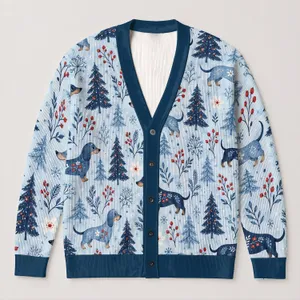 Blue Dachshund Christmas Trees Floral Winter Holiday Style for Women and Dog Lovers All-over Print Knitted Cardigan