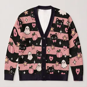 Cute Halloween Cats, Pumpkins and Ghosts for Cozy Fall Layering, Women and Teens All-over Print Knitted Cardigan