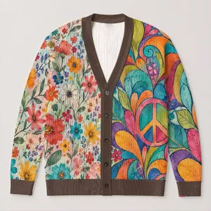 Colorful Floral Peace Sign Motifs for Relaxed Weekend Layering and Boho Festival Style All-over Print Knitted Cardigan