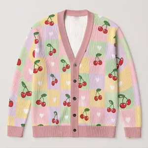 Pastel Cherry Hearts And Soft Checks For Casual Weekend Layering And Weekend Style All-over Print Knitted Cardigan