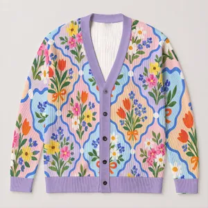 Pastel Floral Bow Motifs for Spring Layering, Casual Garden Style, and Everyday Wear All-over Print Knitted Cardigan