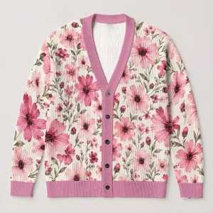 Pink Daisy Flowers for Cozy Fall Layering, Romantic Garden Style for Women Everyday Wear All-over Print Knitted Cardigan