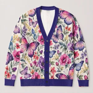 Pink Purple Butterfly Garden for Everyday Layering and Weekend Dates for Women Plus Size All-over Print Knitted Cardigan