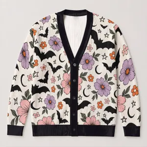 Black Bat Floral Halloween Moon Star Style for Festive Everyday Layering Women Adults All-over Print Knitted Cardigan