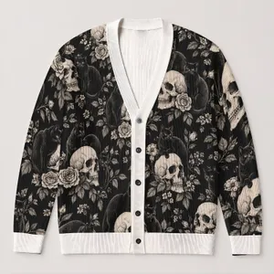 Skull Black Cat Halloween Gothic Style for Casual Layering and Night Out Fashion All-over Print Knitted Cardigan