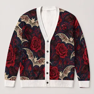 Red Rose Bats Halloween Layering Style for Men and Women, Gothic Floral Evening Wear All-over Print Knitted Cardigan