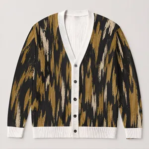 Charcoal Mustard Abstract Brushstrokes for Relaxed Everyday Streetwear Layering Men All-over Print Knitted Cardigan