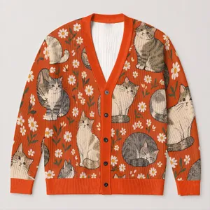 Playful Tabby Cats And Daisies For Relaxed Weekend Layering And Everyday Cat Lover Style All-over Print Knitted Cardigan