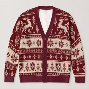 Burgundy Ivory Nordic Snowflakes and Heraldic Stags for Festive Winter Layering Men All-over Print Knitted Cardigan