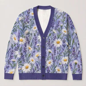 Lavender Daisy Floral Blooms for Everyday Layering and Relaxed Commuting Style Women All-over Print Knitted Cardigan