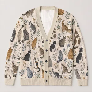 Playful Blue Cats for Casual Beach Layering and Everyday Style for Women Cat Lovers All-over Print Knitted Cardigan