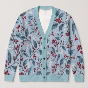 Light Blue Red Berry Branches for Winter Celebrations and Everyday Layering for Women All-over Print Knitted Cardigan