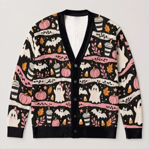 Whimsical Ghosts, Bats And Pink Autumn Florals For Cozy Halloween Layering Style All-over Print Knitted Cardigan