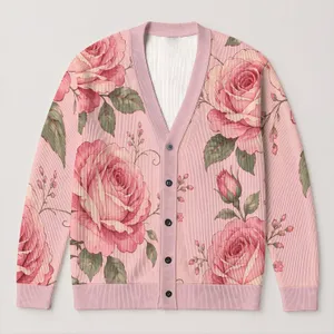 Blush Pink Rose Motif for Soft Autumn Layering and Romantic Everyday Women's Style All-over Print Knitted Cardigan