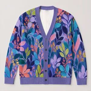 Colorful Botanical Leaves for Relaxed Everyday Layering and Creative Weekend Style All-over Print Knitted Cardigan