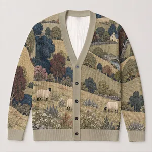 Sheep In Rolling Hills Landscape For Cozy Countryside Layering And Relaxed Weekend Wear All-over Print Knitted Cardigan
