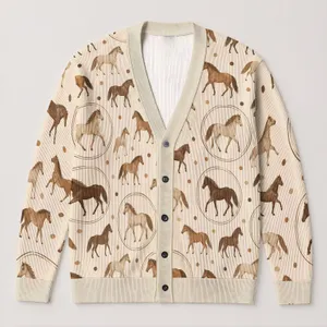 Brown Horse Medallions and Dots for Equestrian Weekend Getaways, Plus Size Women All-over Print Knitted Cardigan