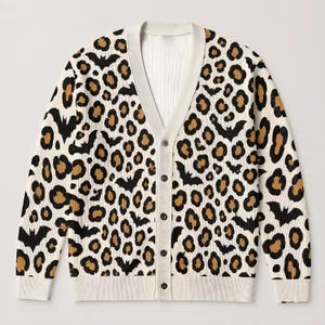 Halloween Leopard Bats for Casual Autumn Layering, Witchy Animal Style for Women All-over Print Knitted Cardigan
