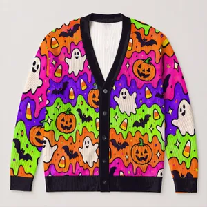 Pumpkin Ghost Bat Candy Corn Halloween Autumn Style For Women Cozy Everyday Layering All-over Print Knitted Cardigan