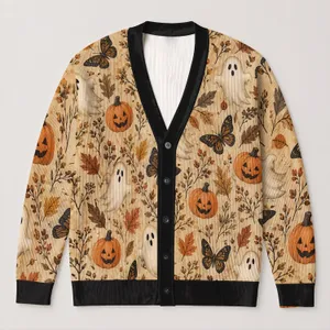 Halloween Ghost Pumpkin Butterfly Autumn Layering Gift for Women, Boho Style Lovers All-over Print Knitted Cardigan