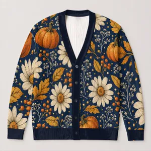 Pumpkin Daisy Autumn Blooms For Cozy Fall Layering And Everyday Women’s Style Looks All-over Print Knitted Cardigan