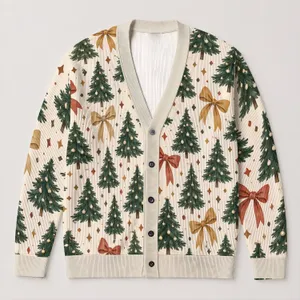 Evergreen Trees And Warm Bows For Festive Everyday Layering And Holiday Gatherings All-over Print Knitted Cardigan