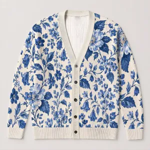 Blue Botanical Blooms for Relaxed Spring Layering and Everyday Women’s Casual Style All-over Print Knitted Cardigan